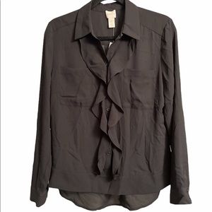 Chico’s Sheer Ruffle Pocket Button Down Bl…
